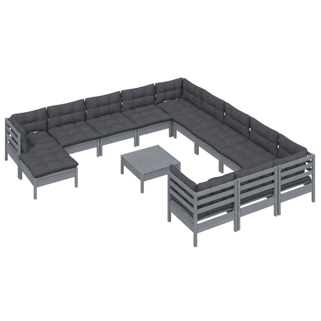 13 pcs conjunto lounge de jardim c/ almofadões pinho cinza