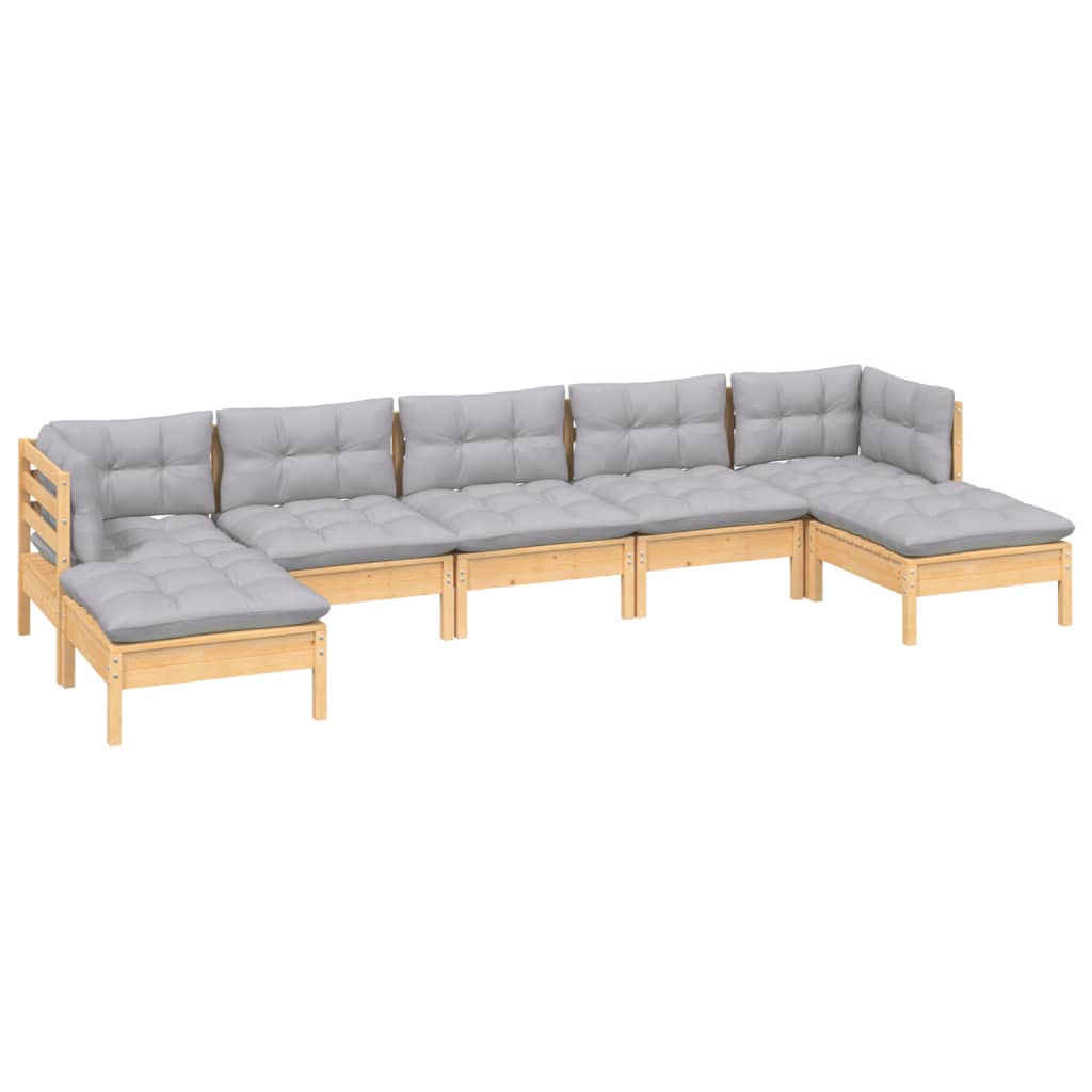 7 pcs conjunto lounge de jardim c/ almofadões cinzentos pinho