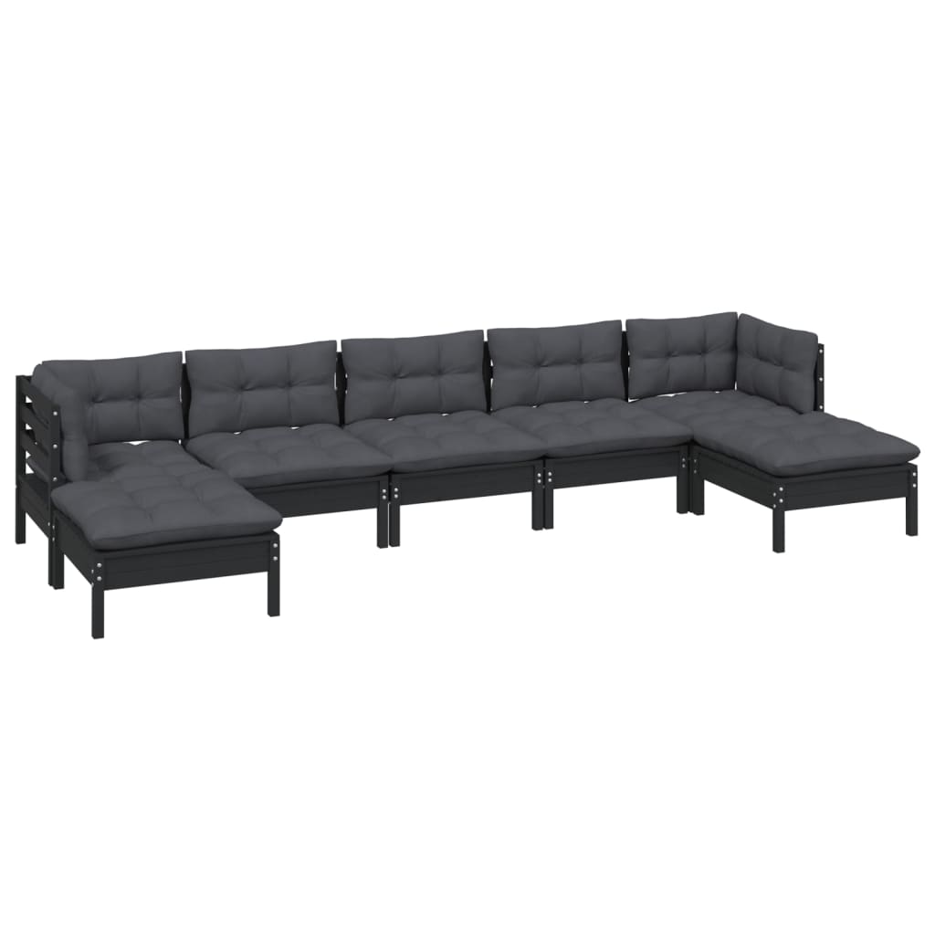 7 pcs conjunto lounge de jardim c/ almofadões pinho preto