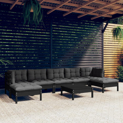 8 pcs conjunto lounge de jardim c/ almofadões pinho preto