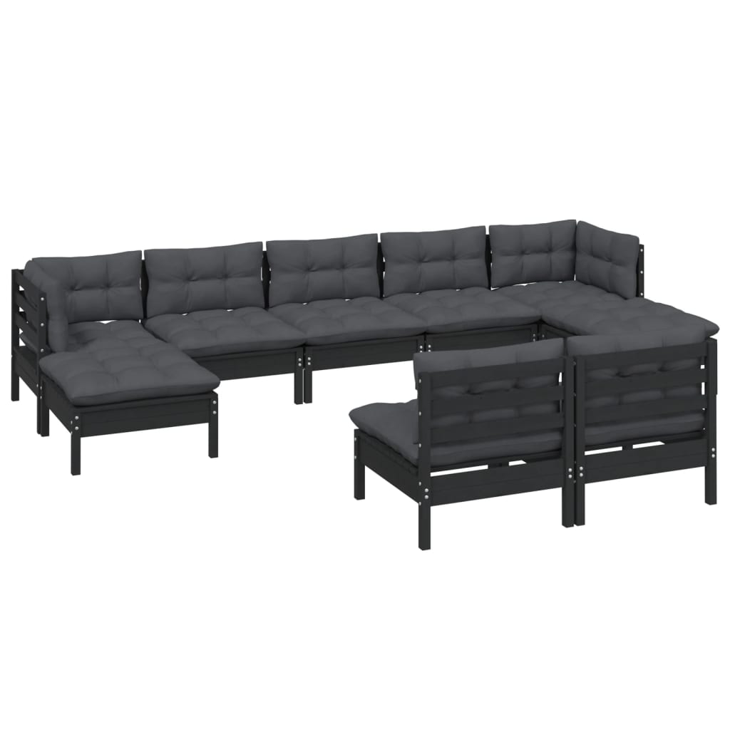 9 pcs conjunto lounge de jardim c/ almofadões pinho preto