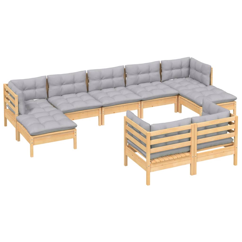 9 pcs conjunto lounge de jardim + almofadões cinza pinho maciço