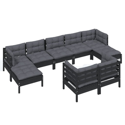 9 pcs conjunto lounge jardim c/ almofadões pinho maciço preto