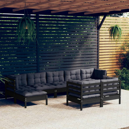 9 pcs conjunto lounge jardim c/ almofadões pinho maciço preto