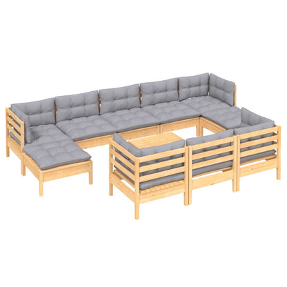 11pcs conjunto lounge de jardim + almofadões cinza pinho maciço