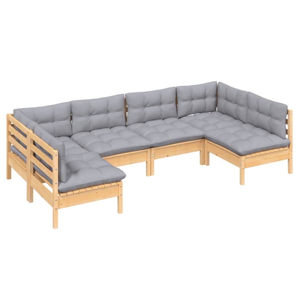 6 pcs conjunto lounge de jardim + almofadões cinza pinho maciço