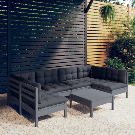 7 pcs conjunto lounge de jardim + almofadões pinho maciço cinza