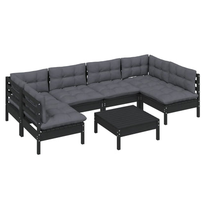 7 pcs conjunto lounge jardim c/ almofadões pinho maciço preto