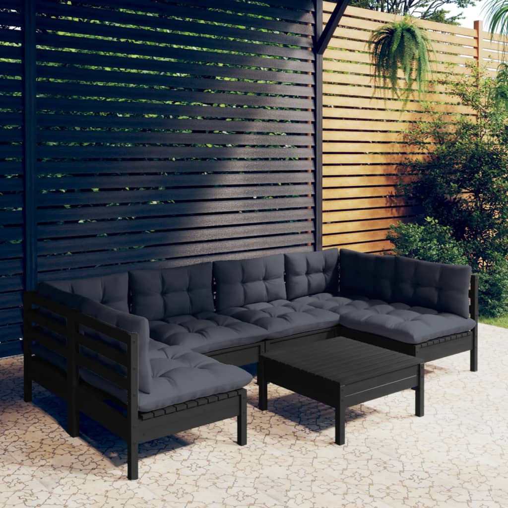 7 pcs conjunto lounge jardim c/ almofadões pinho maciço preto