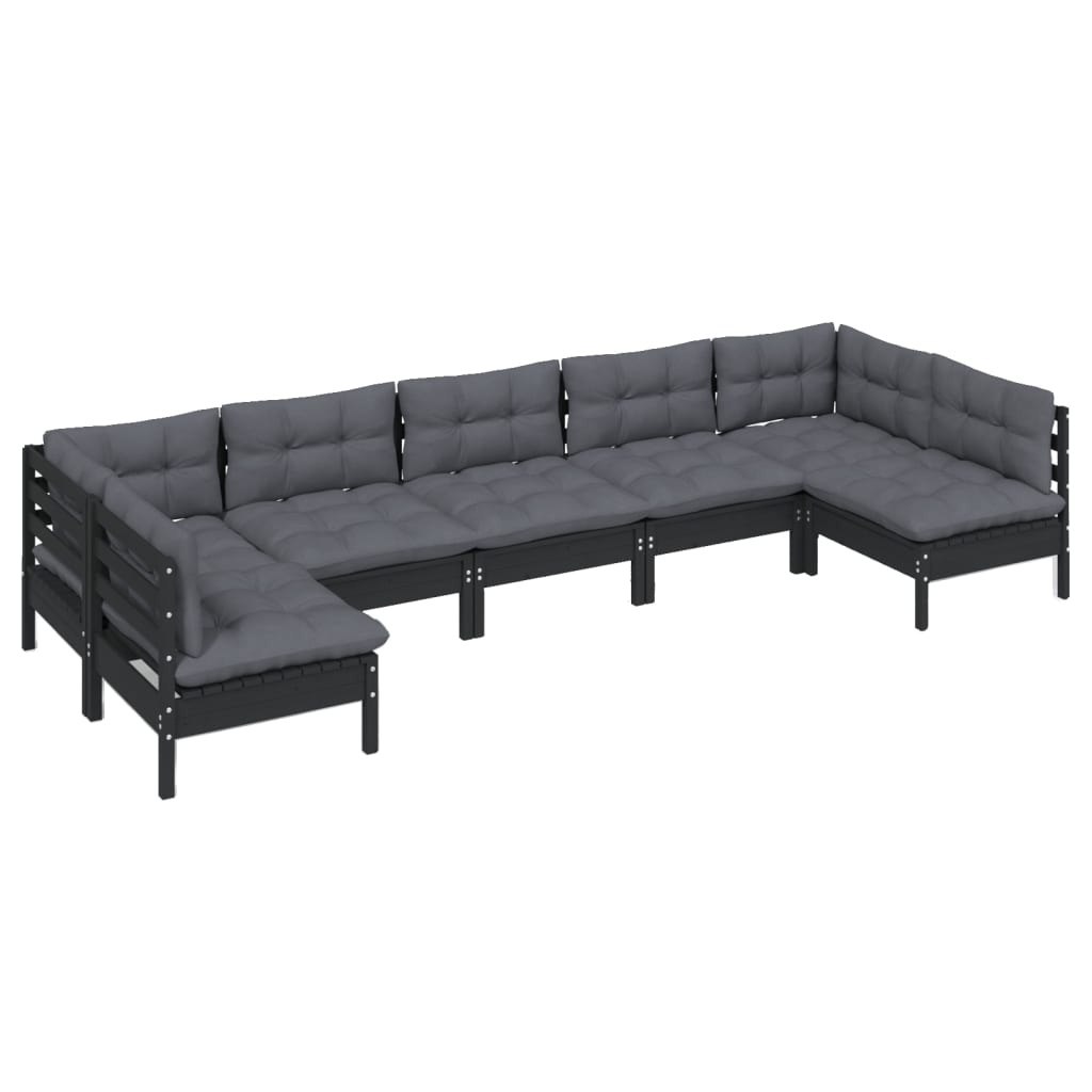 7 pcs conjunto lounge jardim c/ almofadões pinho maciço preto