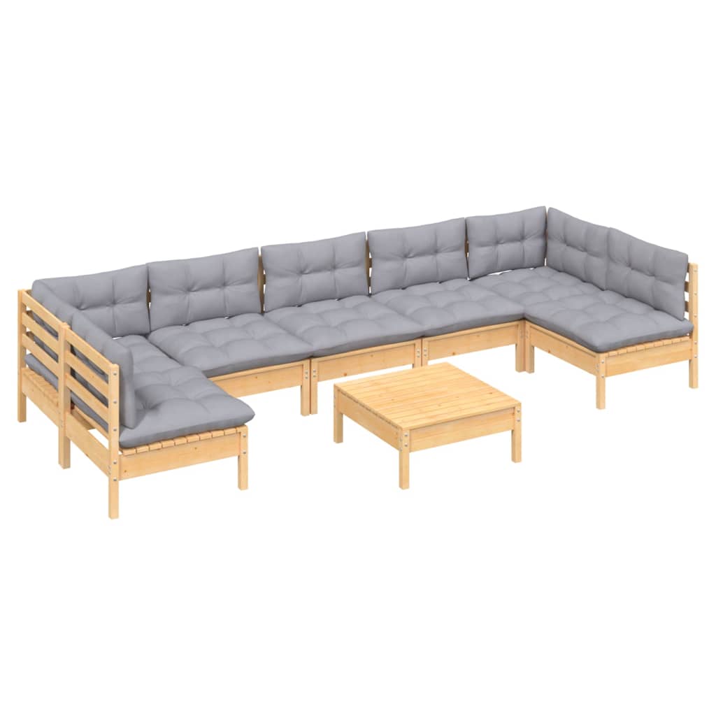 8 pcs conjunto lounge de jardim + almofadões cinza pinho maciço