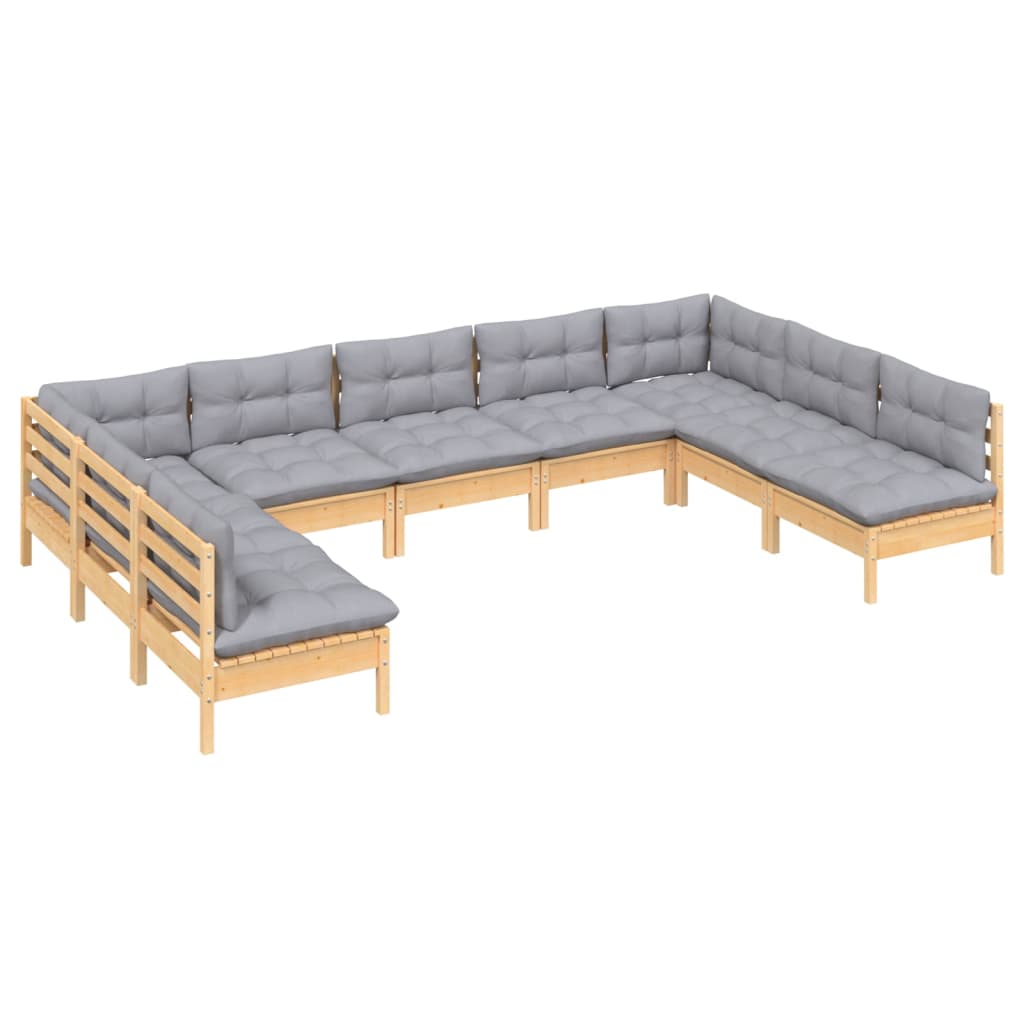 9 pcs conjunto lounge de jardim + almofadões cinza pinho maciço