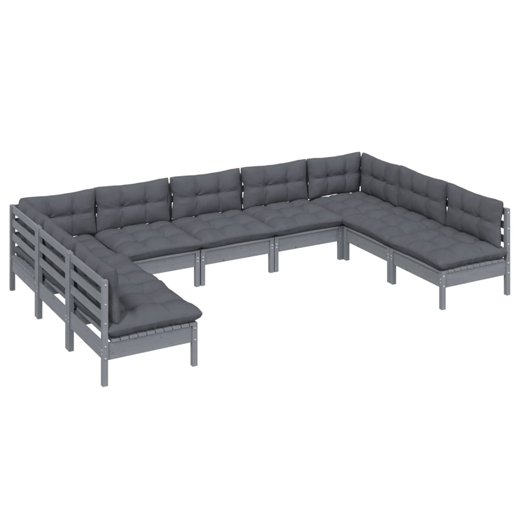 9 pcs conjunto lounge de jardim + almofadões pinho maciço cinza