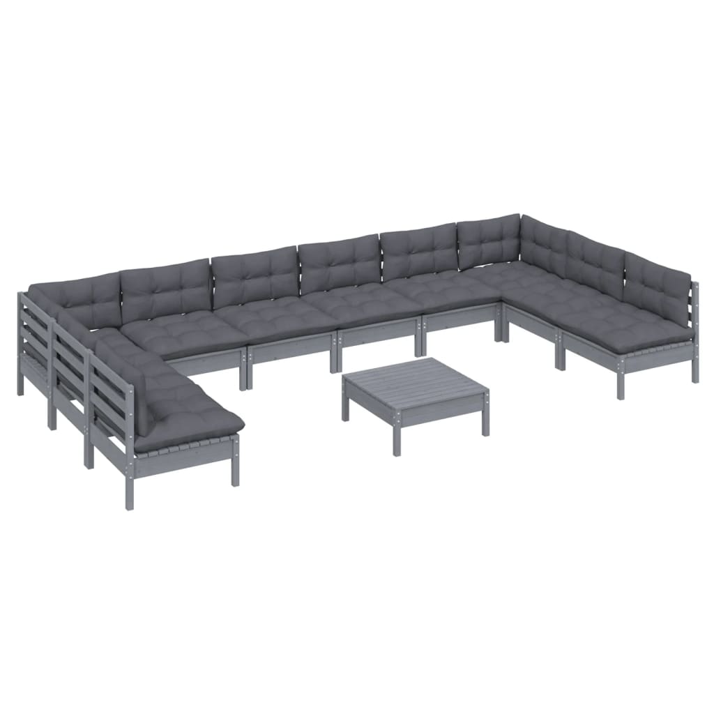 11pcs conjunto lounge de jardim + almofadões pinho maciço cinza