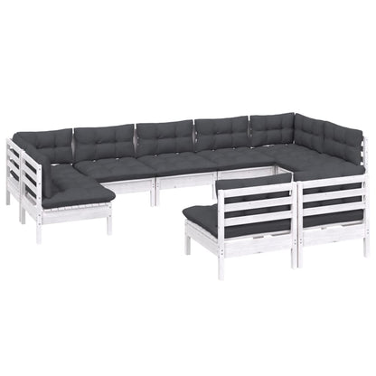 9 pcs conj. lounge de jardim c/ almofadões pinho maciço branco