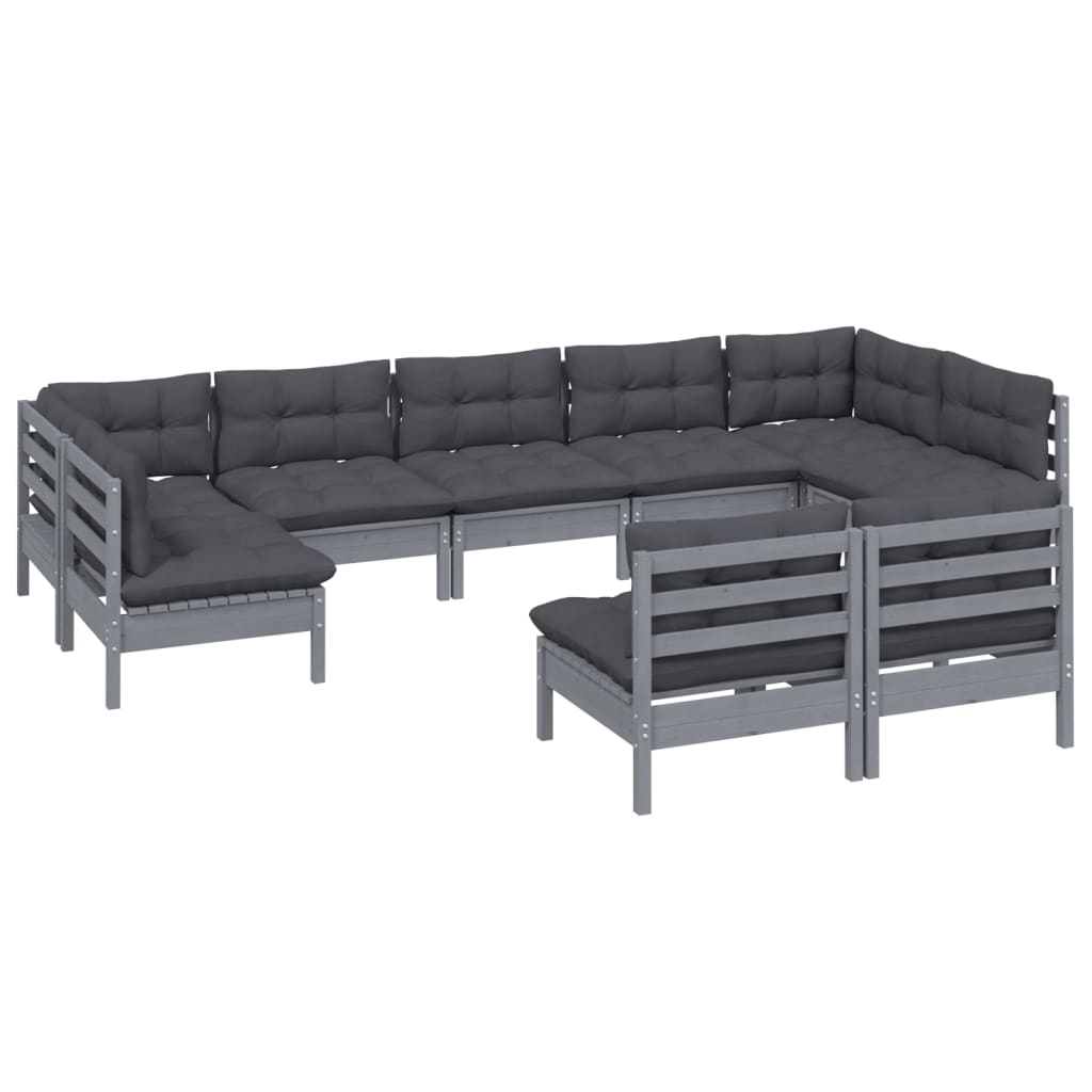 9 pcs conjunto lounge de jardim + almofadões pinho maciço cinza