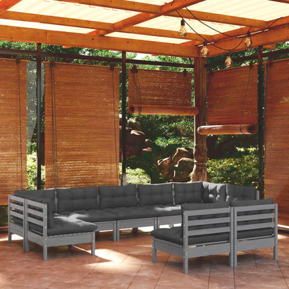 9 pcs conjunto lounge de jardim + almofadões pinho maciço cinza