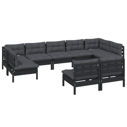 9 pcs conjunto lounge jardim c/ almofadões pinho maciço preto