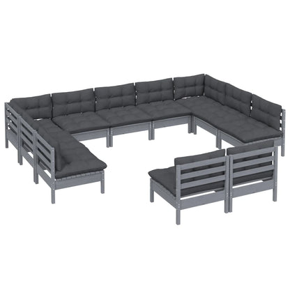 11pcs conjunto lounge de jardim + almofadões pinho maciço cinza