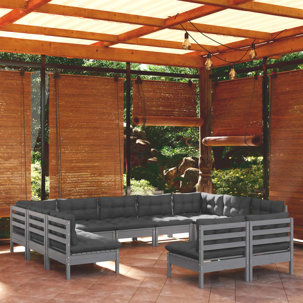 11pcs conjunto lounge de jardim + almofadões pinho maciço cinza