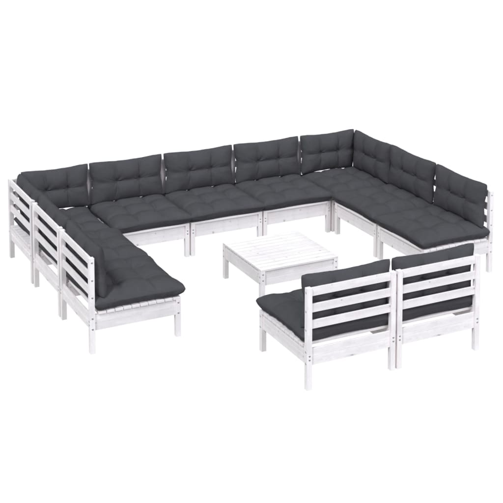 12 pcs conj. lounge de jardim c/ almofadões pinho maciço branco