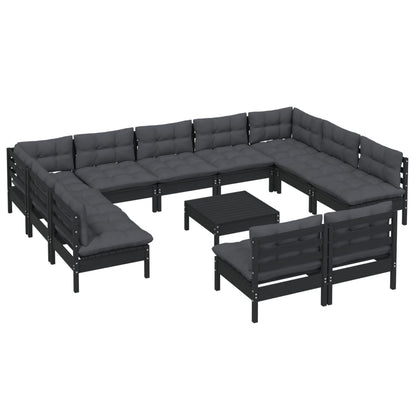 12 pcs conjunto lounge jardim c/ almofadões pinho maciço preto