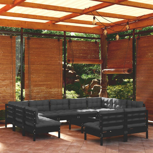 12 pcs conjunto lounge jardim c/ almofadões pinho maciço preto