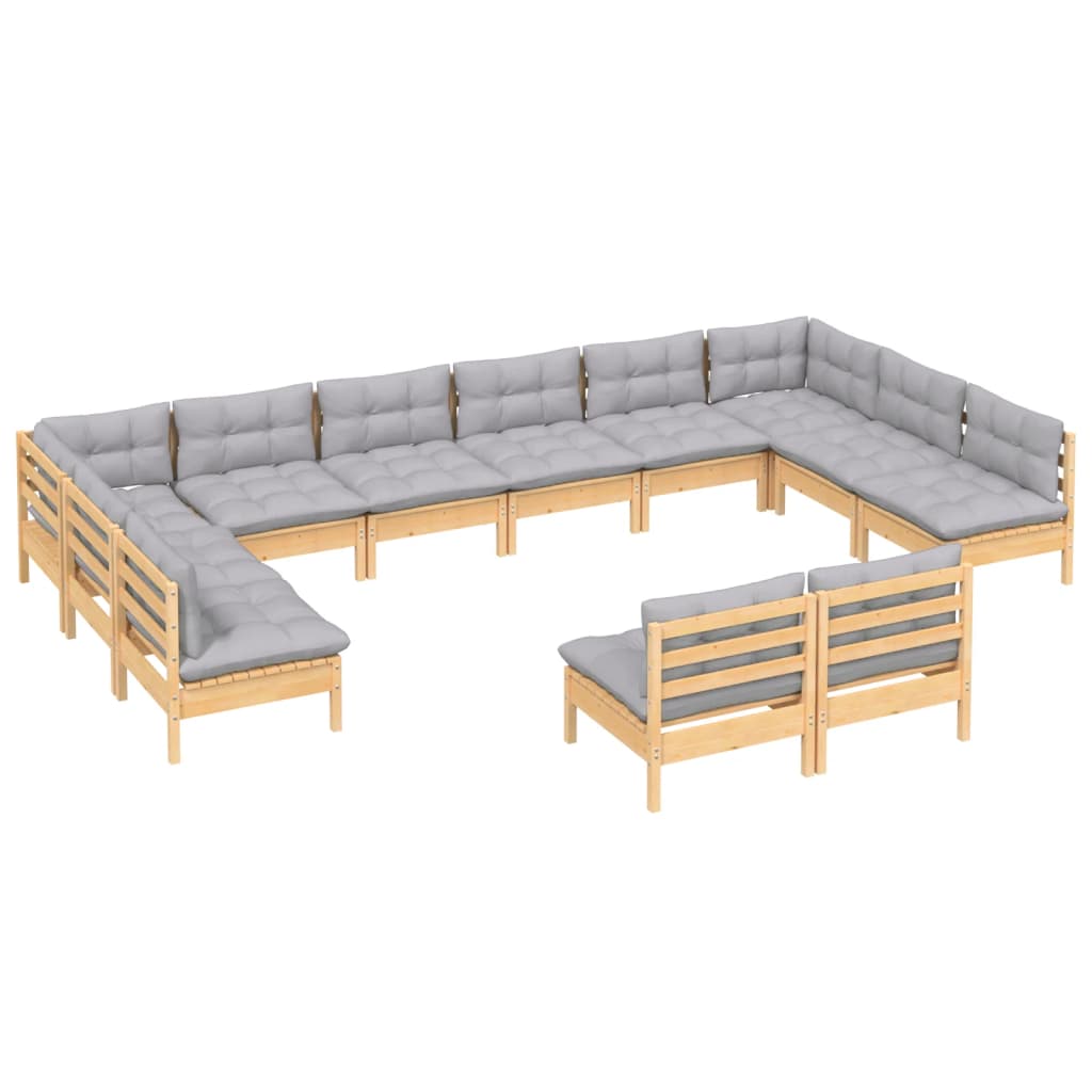 12pcs conjunto lounge de jardim + almofadões cinza pinho maciço