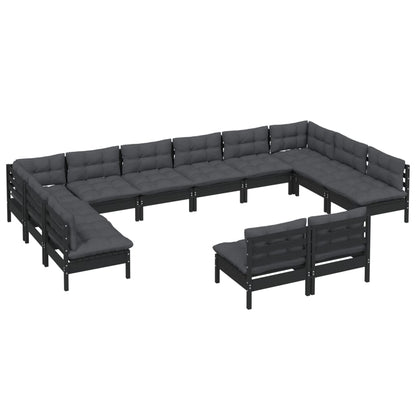 12 pcs conjunto lounge jardim c/ almofadões pinho maciço preto