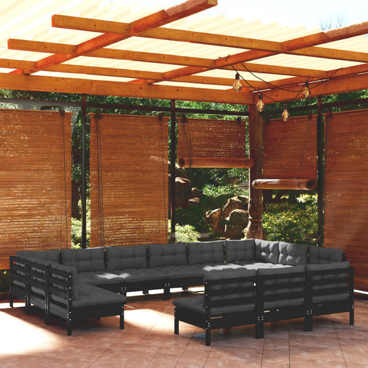 13 pcs conjunto lounge jardim c/ almofadões pinho maciço preto