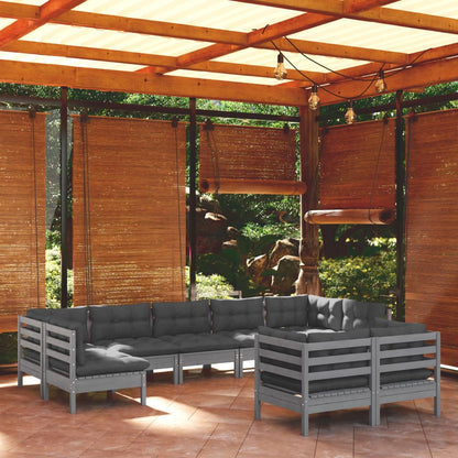 9 pcs conjunto lounge de jardim + almofadões pinho maciço cinza