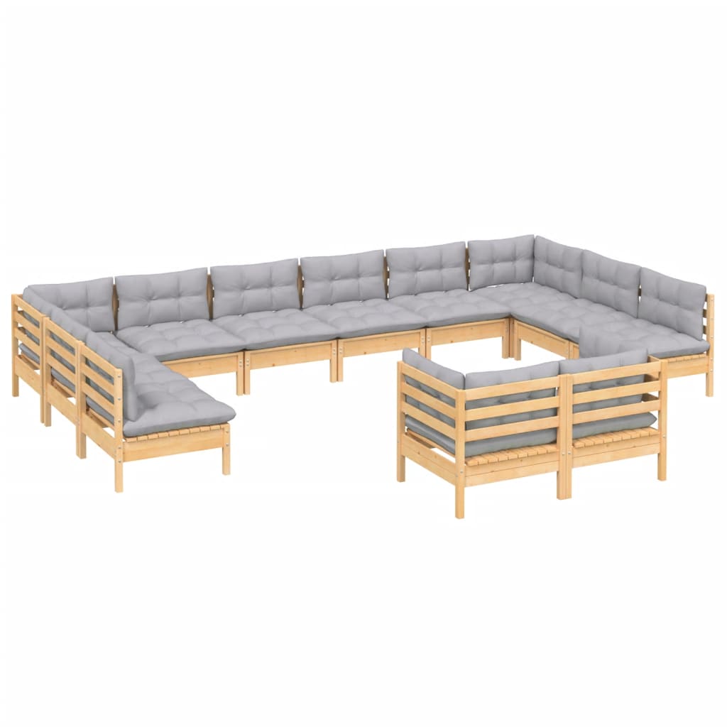 12pcs conjunto lounge de jardim + almofadões cinza pinho maciço