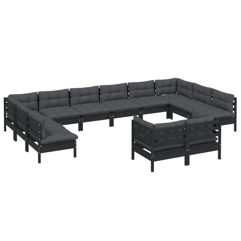 12 pcs conjunto lounge jardim c/ almofadões pinho maciço preto