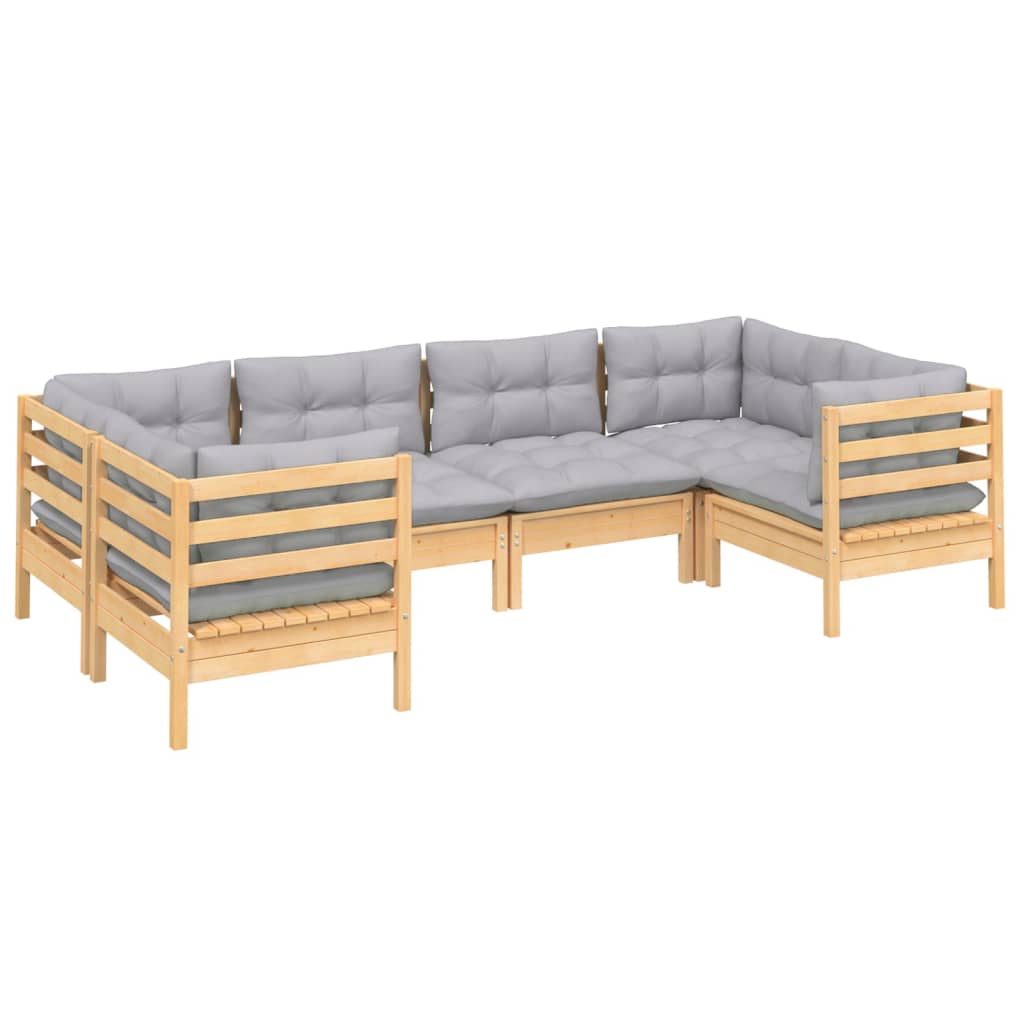 6 pcs conjunto lounge de jardim c/ almofadões cinzentos pinho