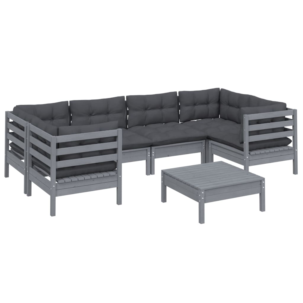 7 pcs conjunto lounge de jardim c/ almofadões pinho cinza