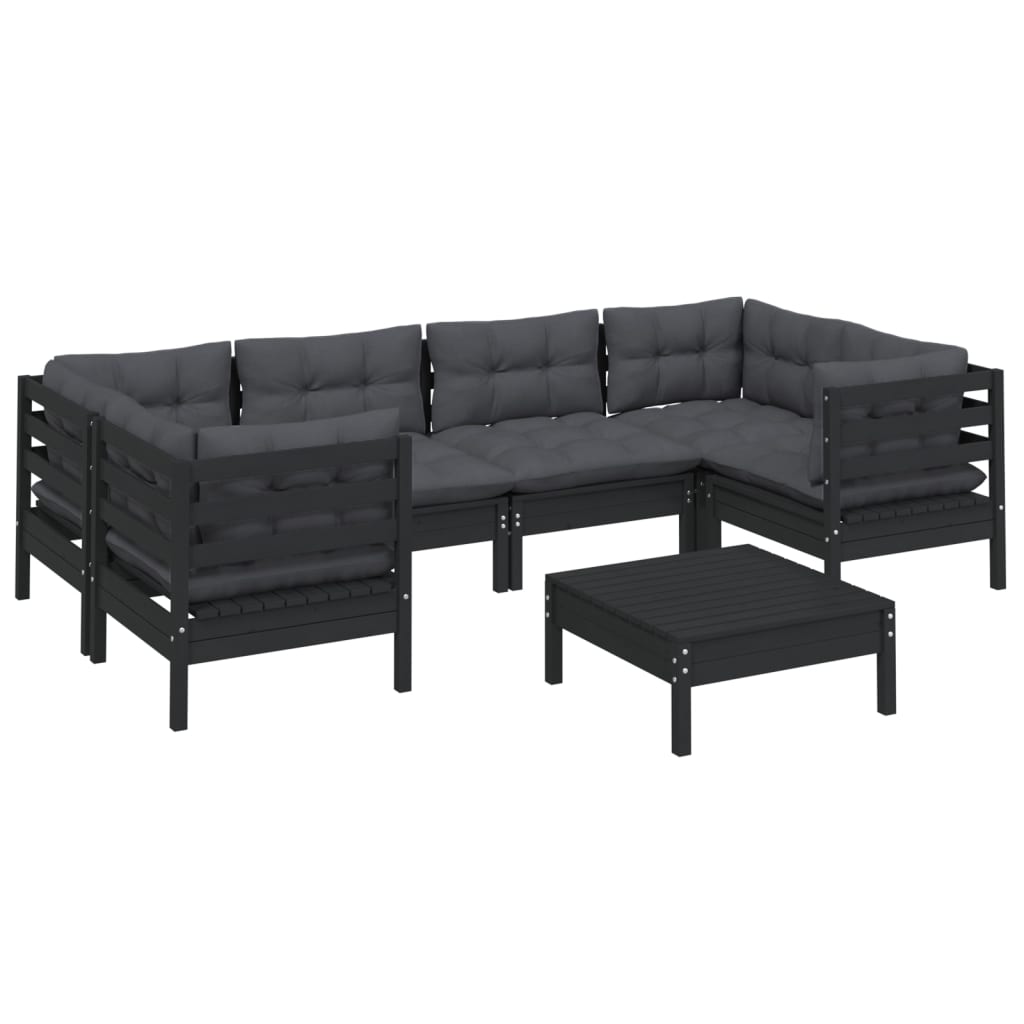 7 pcs conjunto lounge de jardim c/ almofadões pinho preto