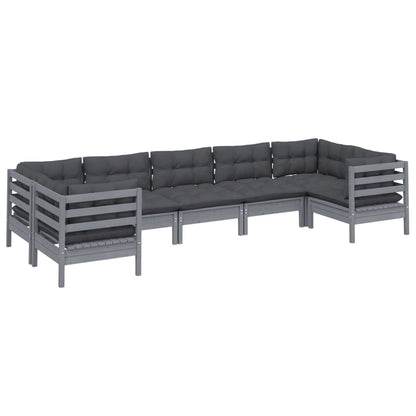 7 pcs conjunto lounge de jardim c/ almofadões pinho cinza