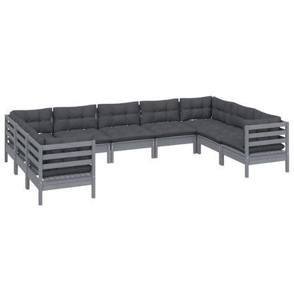 9 pcs conjunto lounge de jardim c/ almofadões pinho cinza