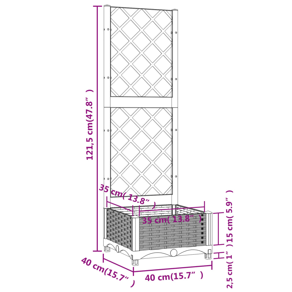 Vaso/floreira jardim c/ treliça 40x40x121,5 cm PP cinza-escuro