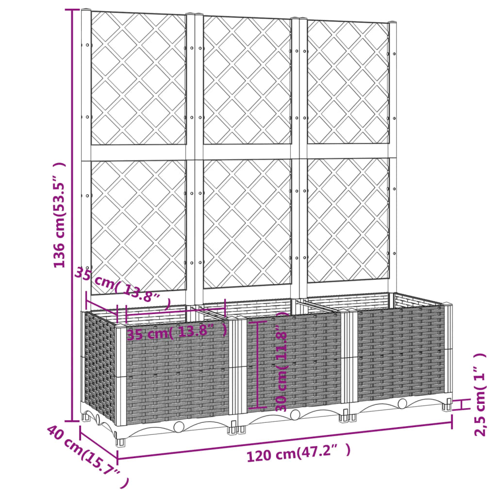 Vaso/floreira jardim c/ treliça 120x40x136 cm PP cinza-escuro