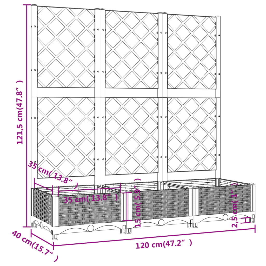 Vaso/floreira jardim c/ treliça 120x40x121,5 cm PP castanho