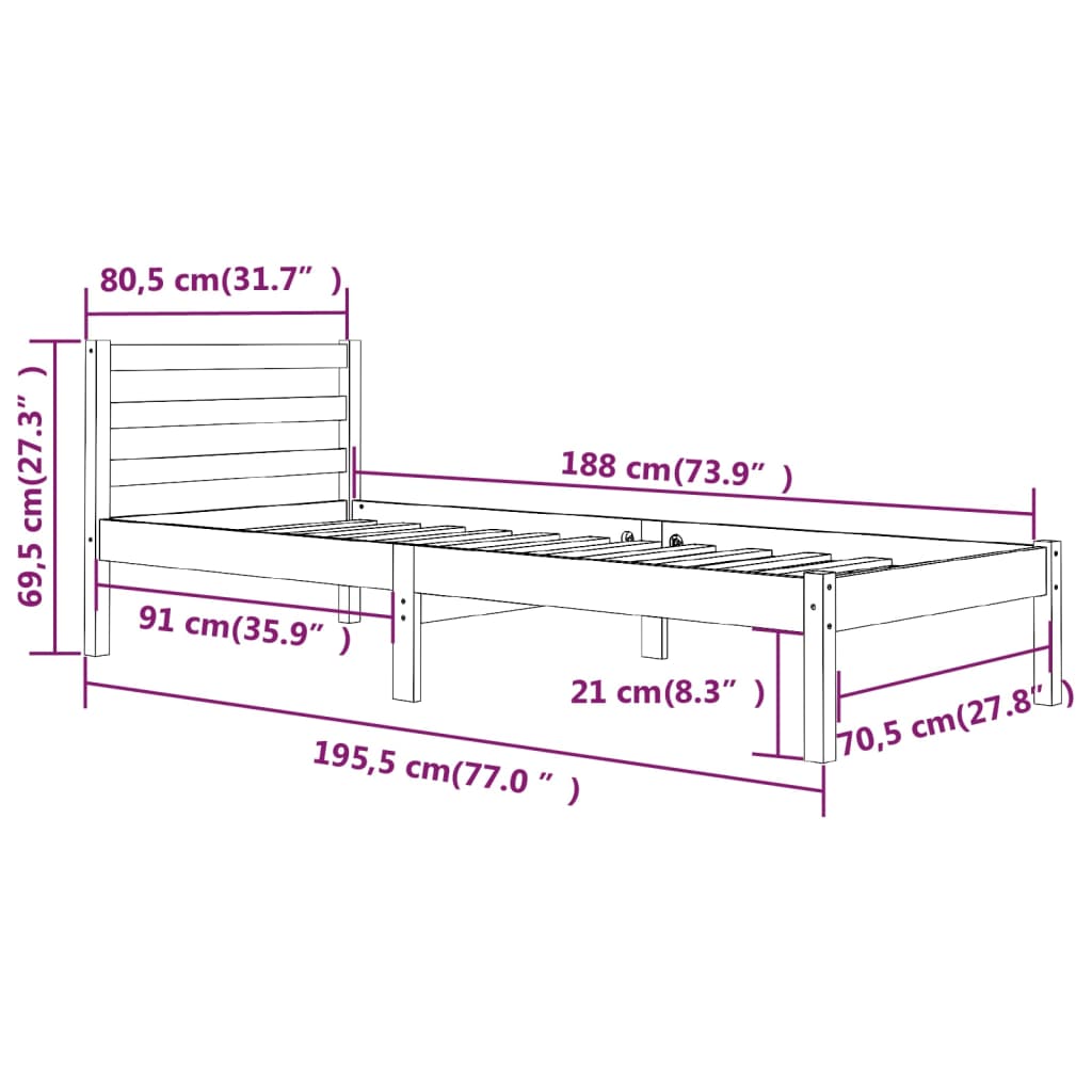 Estrutura de cama pequena solteiro 75x190 cm pinho maciço