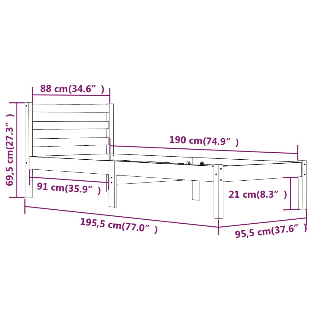 Estrutura de cama solteiro 90x190 cm pinho maciço