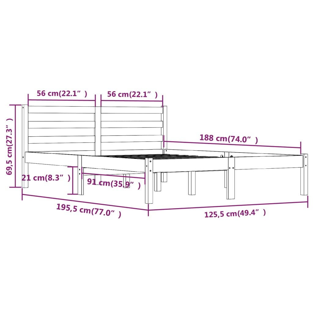 Estrutura de cama pequena casal 120x190cm pinho maciço castanho