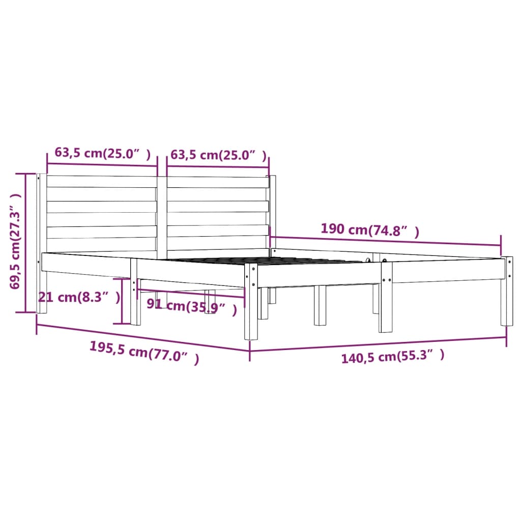 Estrutura de cama casal 135x190 cm pinho maciço