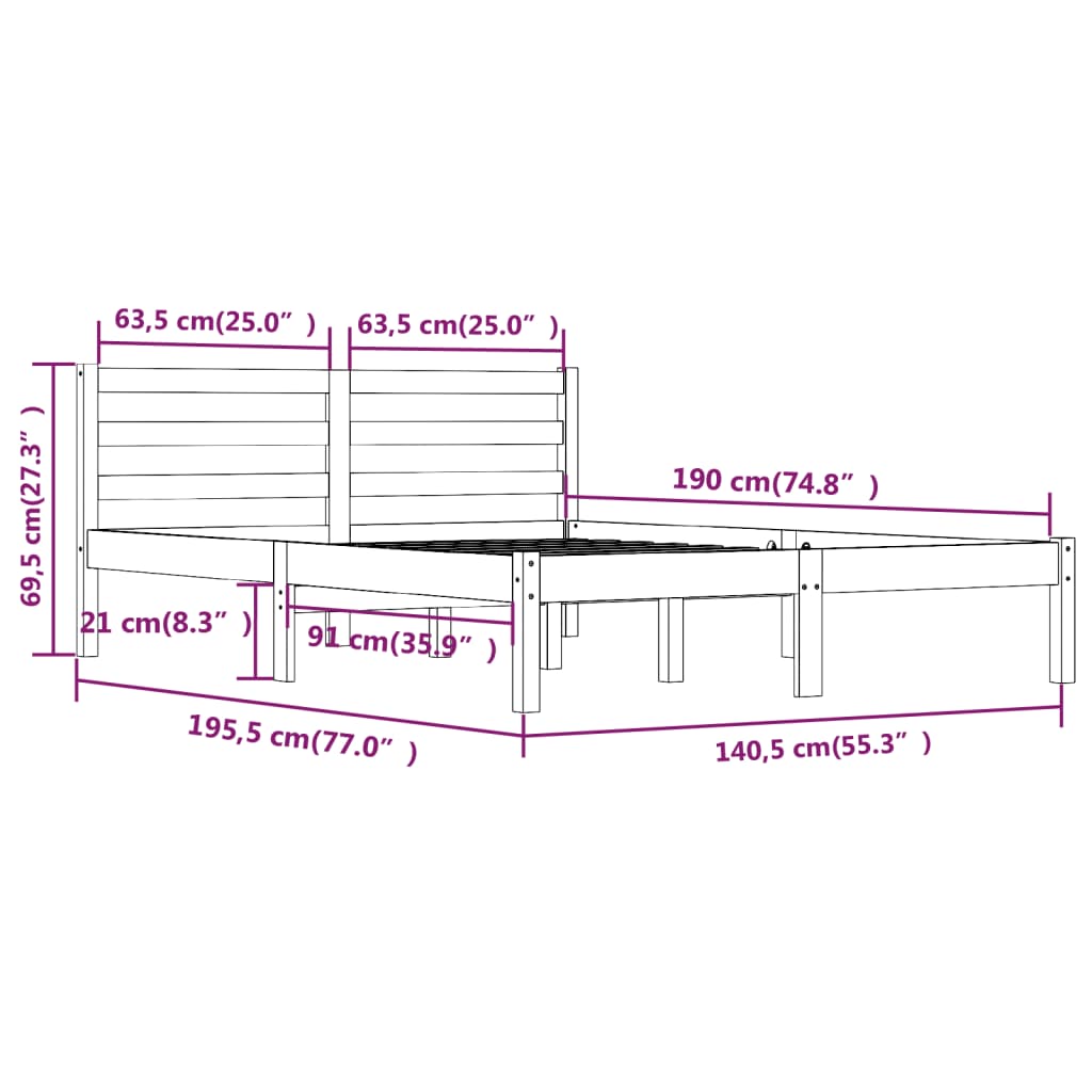 Estrutura de cama casal 135x190 cm pinho maciço branco