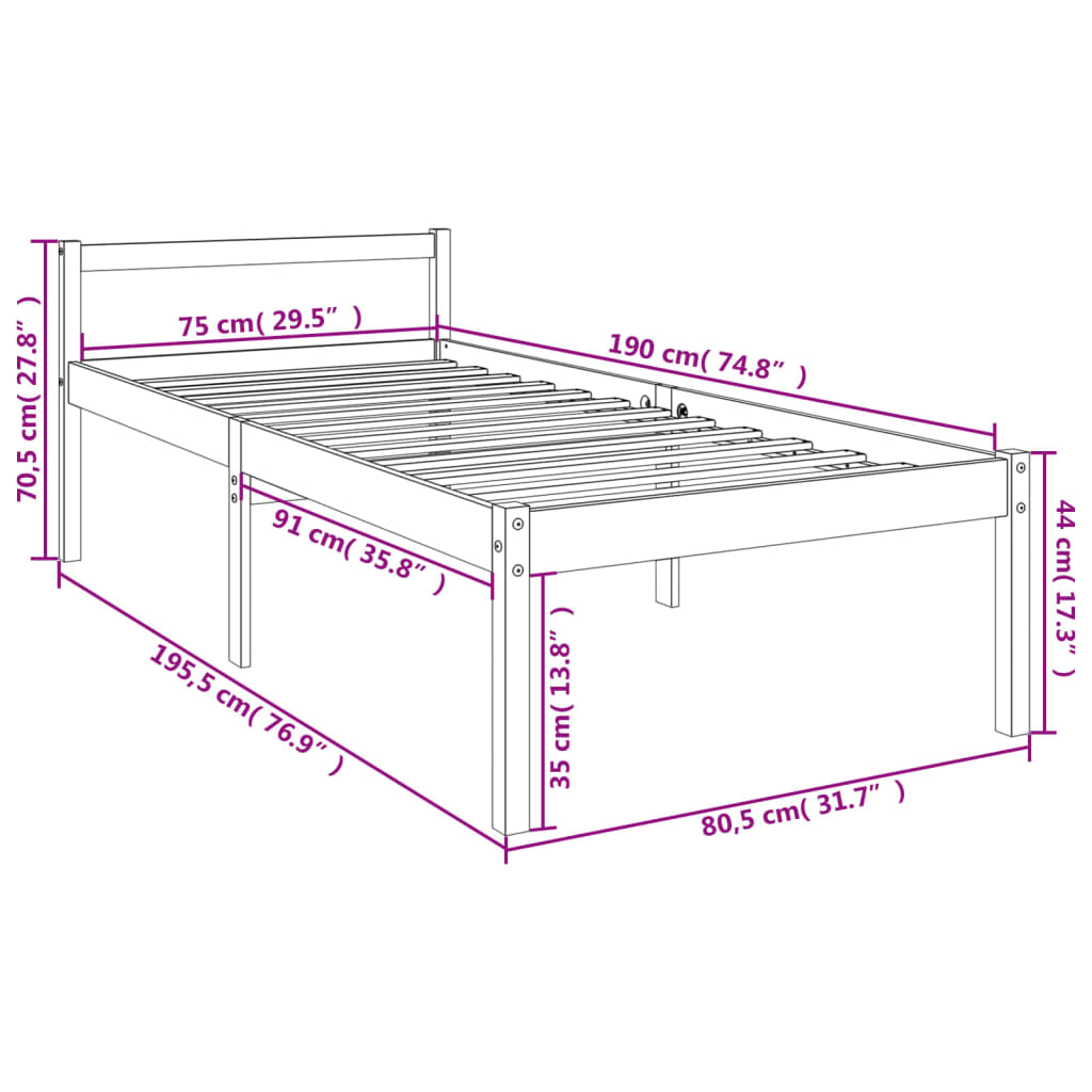 Cama de solteiro pequena p/ idosos 75x190cm pinho maciço branco