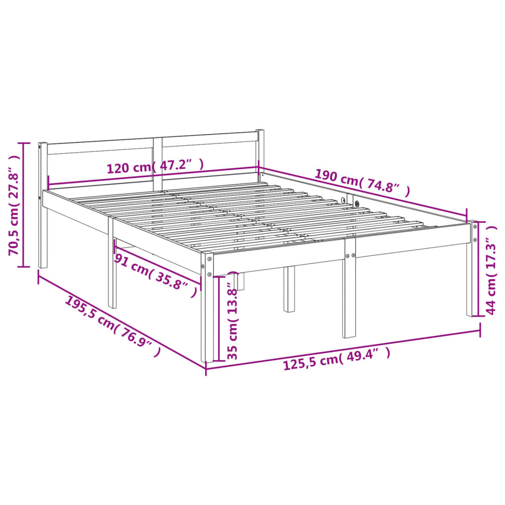 Cama de casal pequena para idosos 120x190 cm pinho maciço