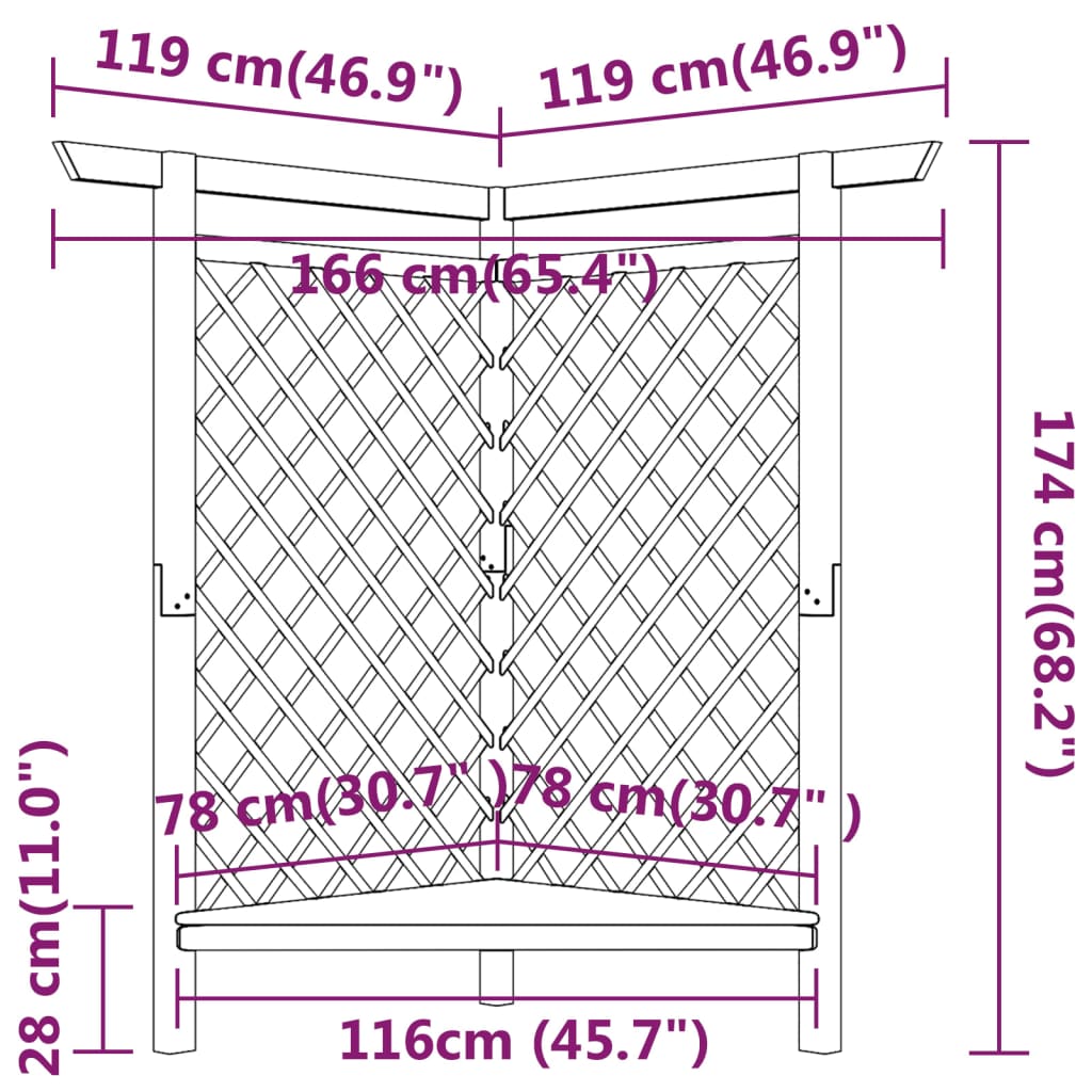 Pérgola de canto com banco 166x81x174 cm pinho impregnado