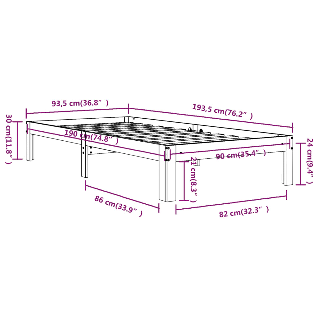 Estrutura de cama solteiro 90x190 cm madeira maciça branco